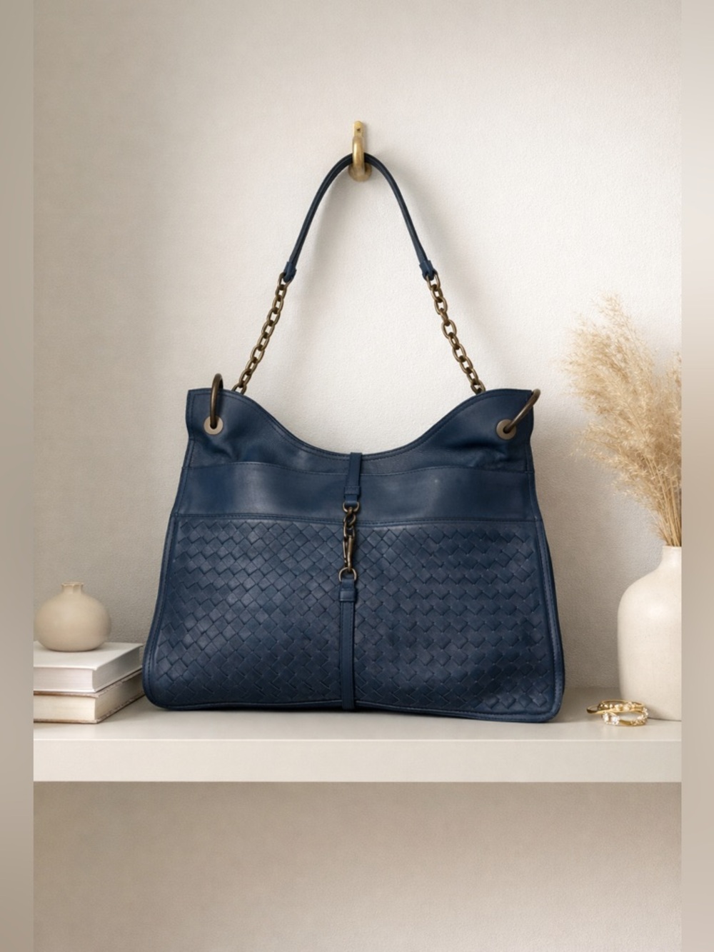NWT Bottega Veneta Beverly Intrecciato Weave Panels Leather Shoulder Bag Navy